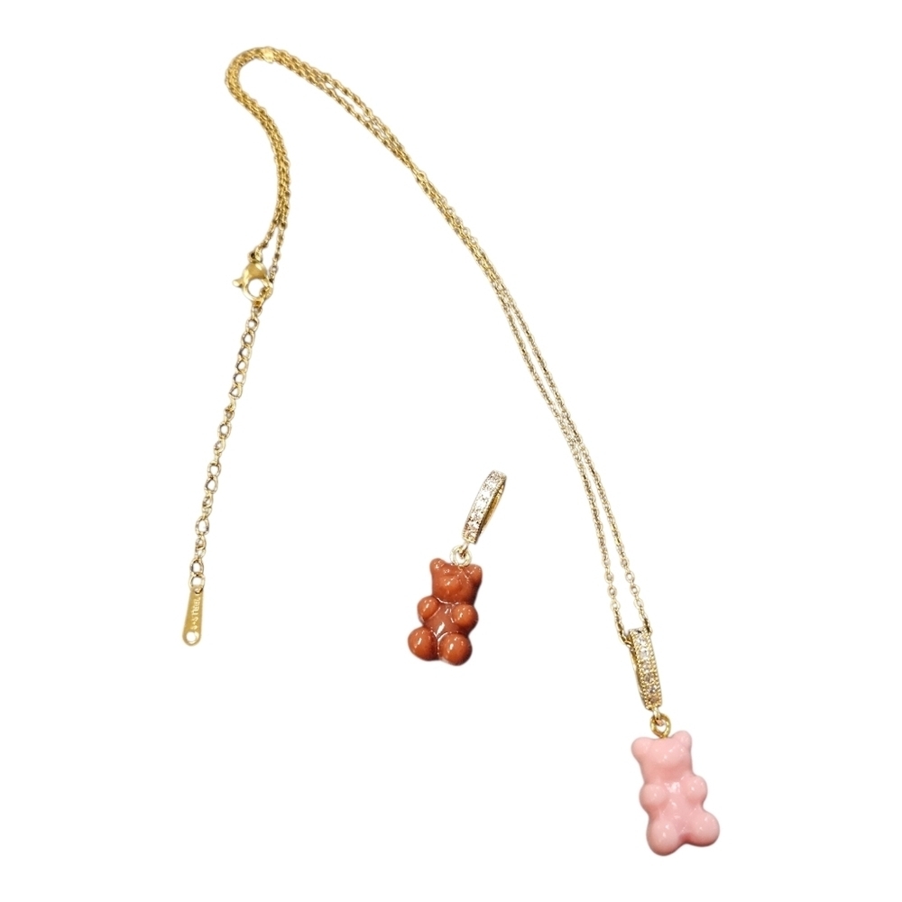 2 NEW Teddy Bear Pendants + Gold-Tone Stainless Steel Necklace Bundle | Trending
